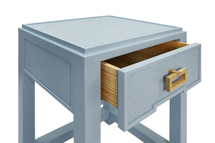 Light Blue One Drawer Grasscloth Side Table