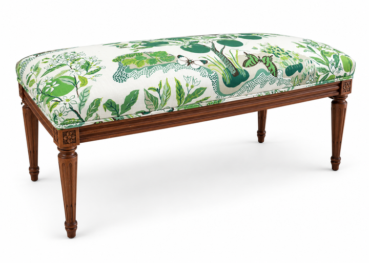 French Wood Upholstered Bench with Citrus Garden Fabric