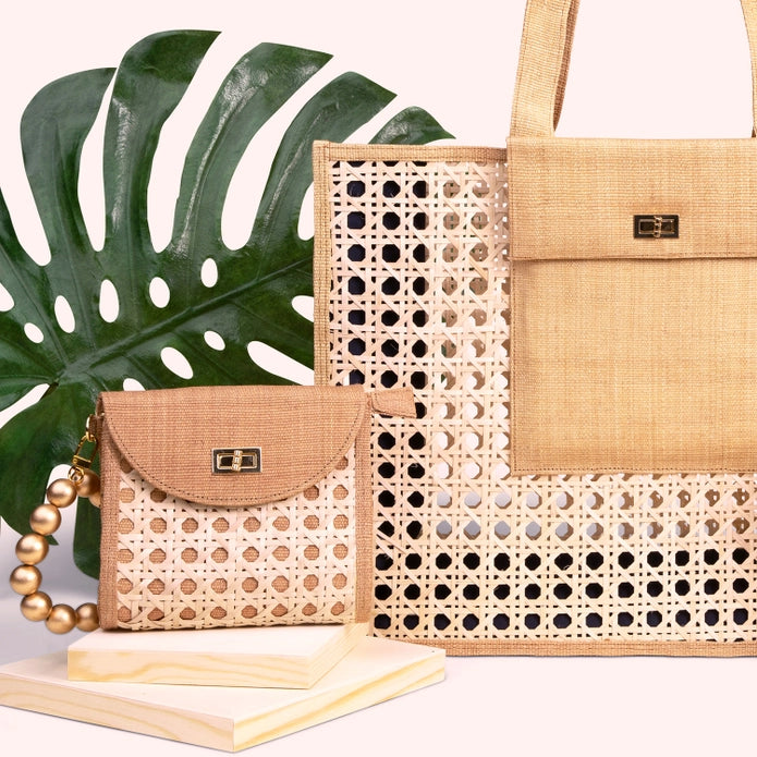 Tan Wooden Bead &amp; Woven Rattan Wristlet Purse