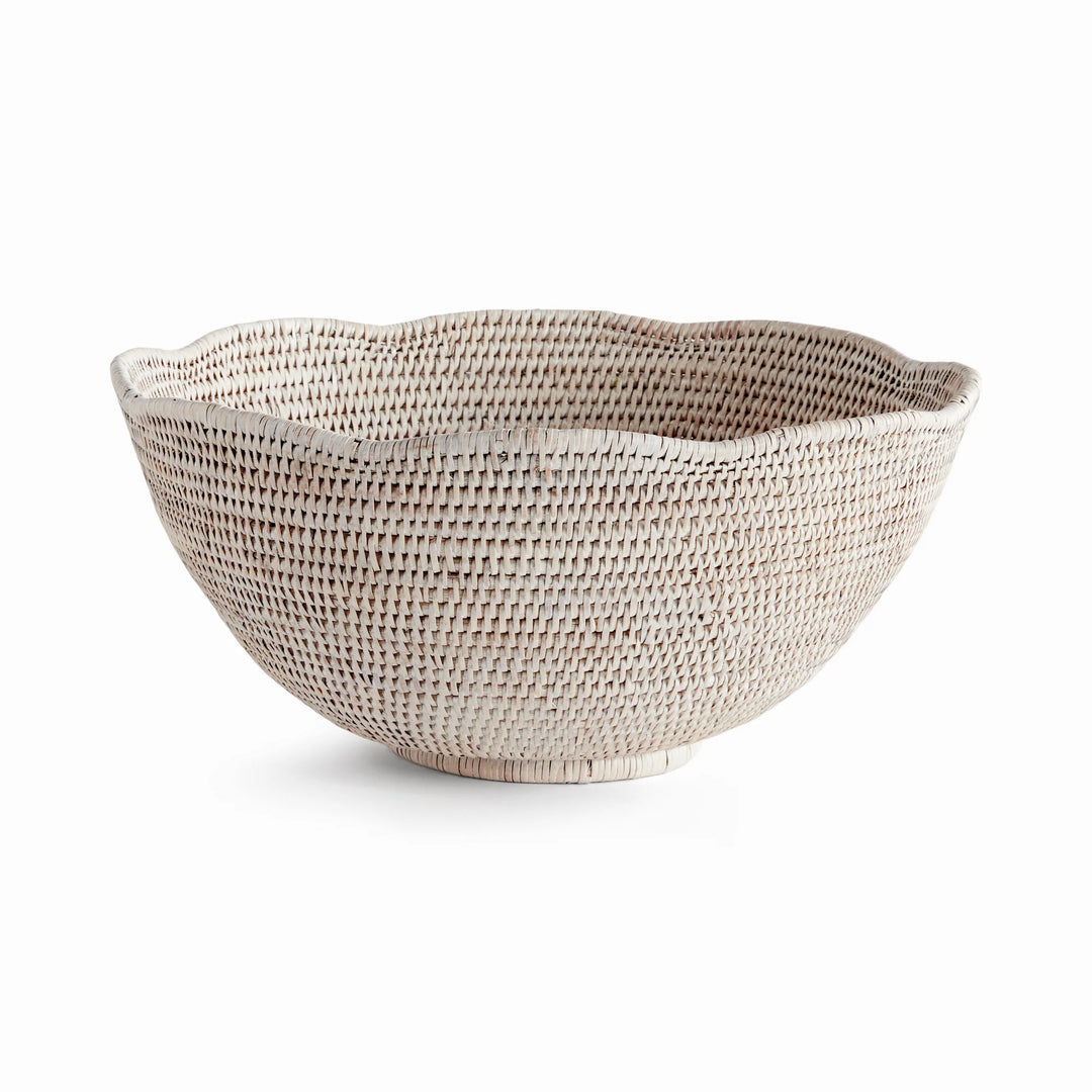 Burma Rattan Scalloped Edge Whitewash Bowl- Large