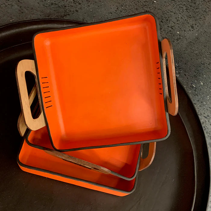 Leather Rectangular Tray w/ Wood Handle- Orange