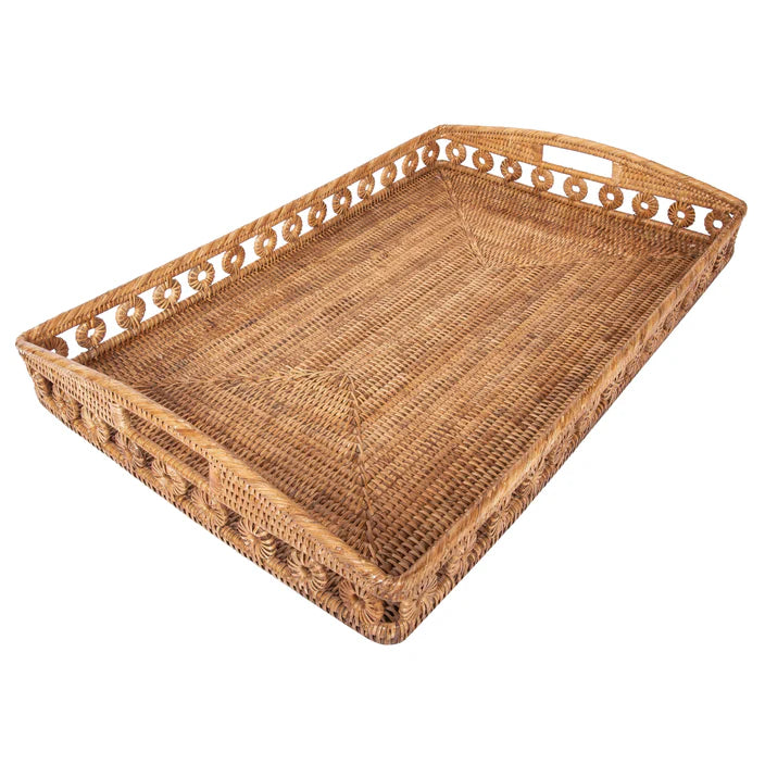 Honey Brown Rectangular Rattan Tray w/ High Handle