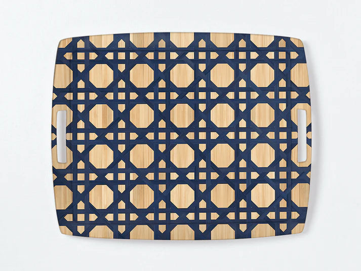 Navy Cane Serving Tray w/ Handles