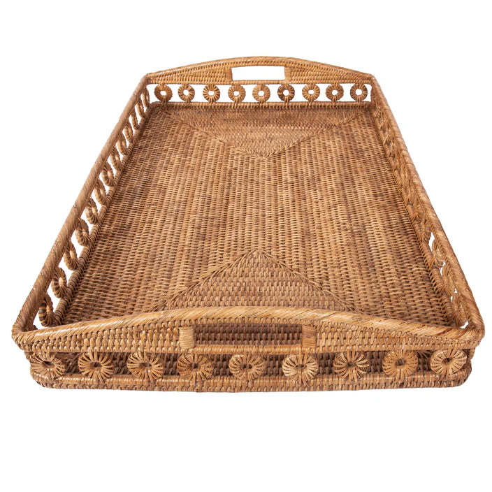 Honey Brown Rectangular Rattan Tray w/ High Handle