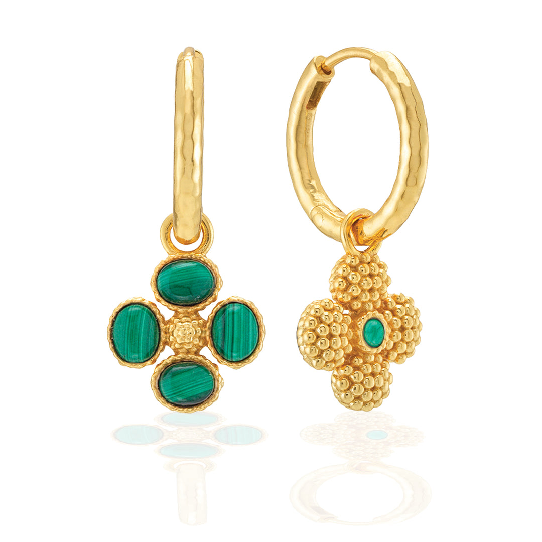 Berry Clover Hoop Earrings with Double Sided Charm- Malachite