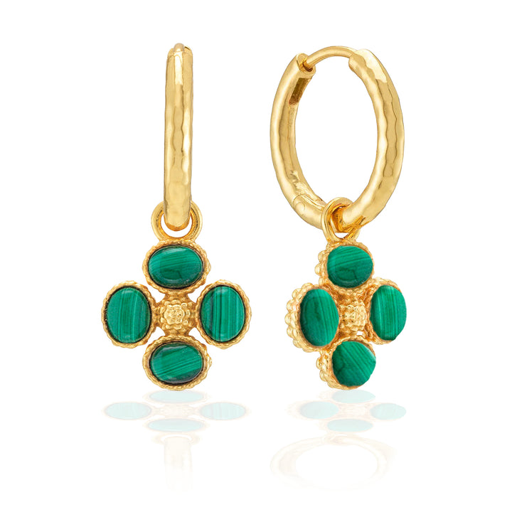 Berry Clover Hoop Earrings with Double Sided Charm- Malachite