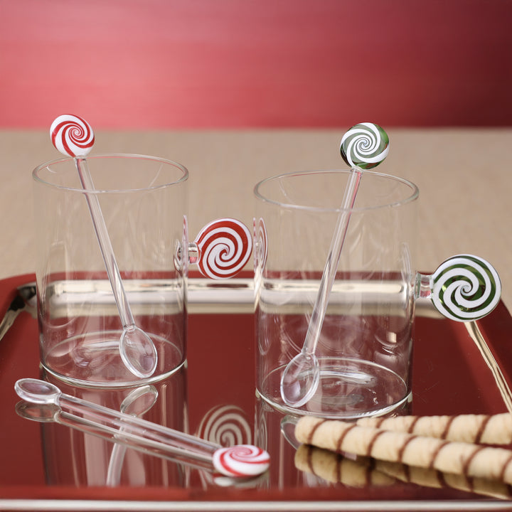 Set of 4 Glass Swirl Spoons with Red/White Candy