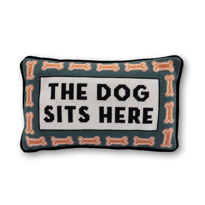 The Dog Sits Here Needlepoint Pillow