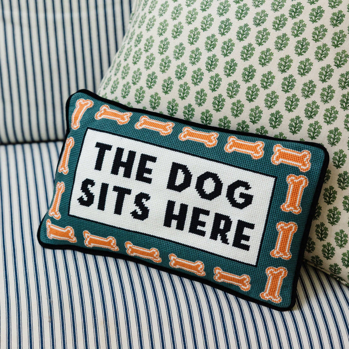 The Dog Sits Here Needlepoint Pillow