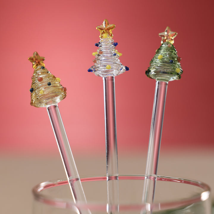 Set of 6 Glass Tree Stirrers-Green