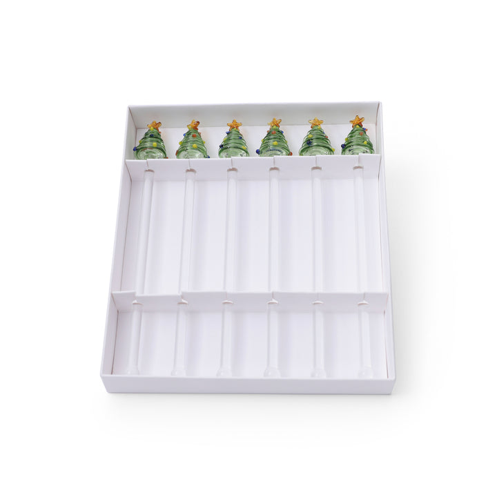 Set of 6 Glass Tree Stirrers-Green