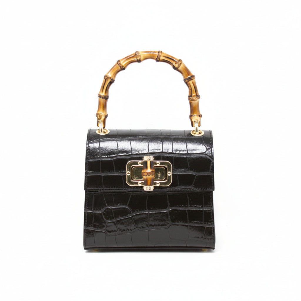 Genuine Italian Leather Handbag Bamboo Handle