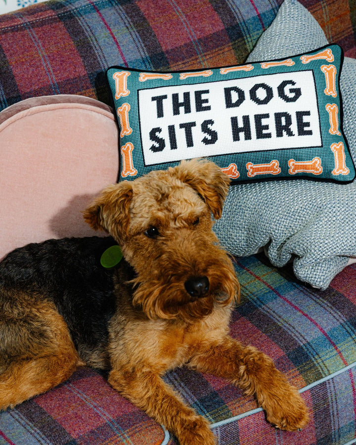 The Dog Sits Here Needlepoint Pillow