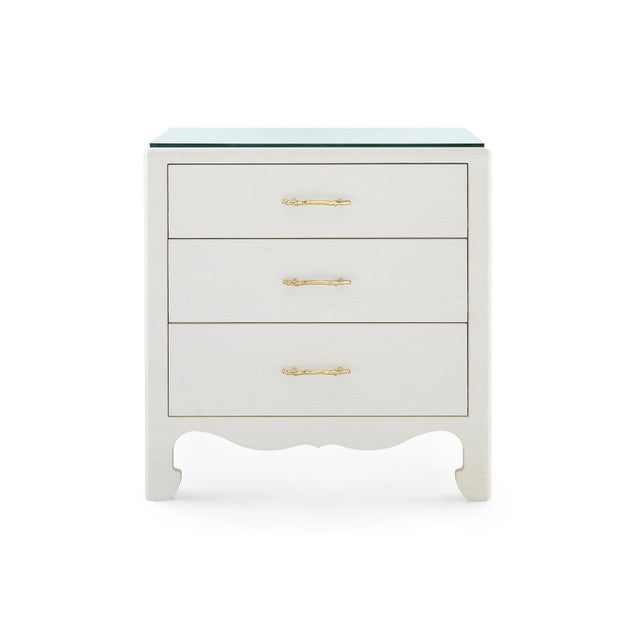 Gianna 3-Drawer Side Table w Glass Top-Sand White