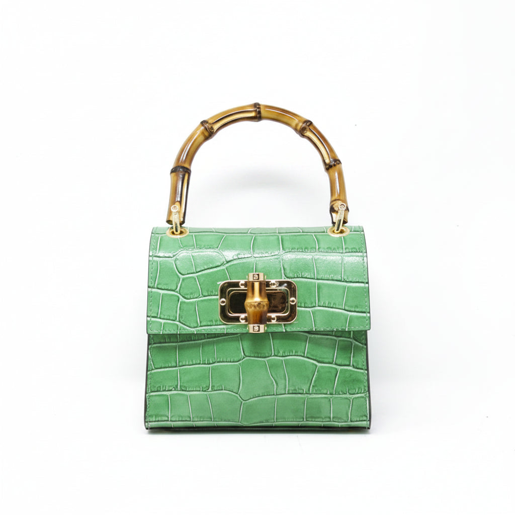 Genuine Italian Leather Handbag Bamboo Handle