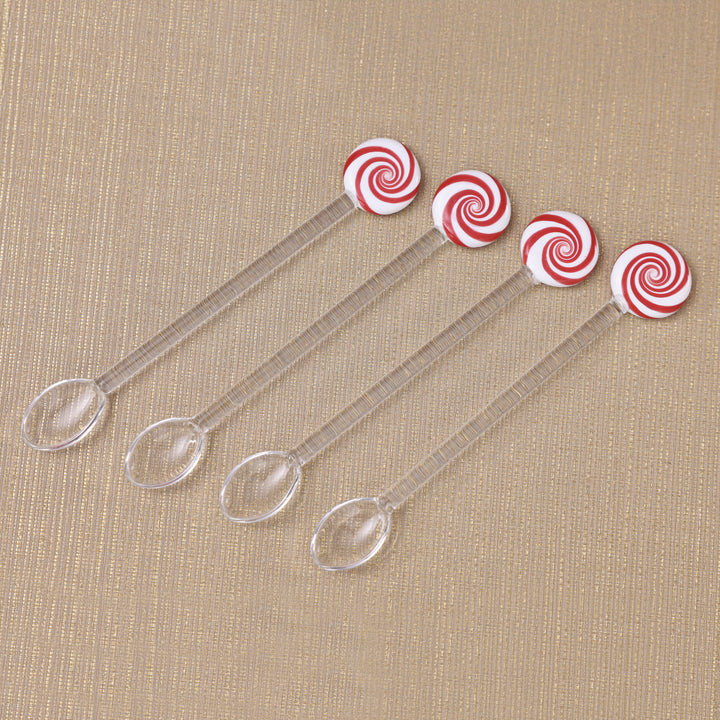 Set of 4 Glass Swirl Spoons with Red/White Candy