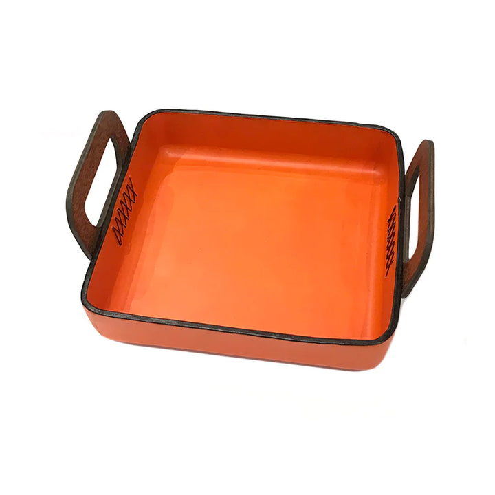 Leather Rectangular Tray w/ Wood Handle- Orange