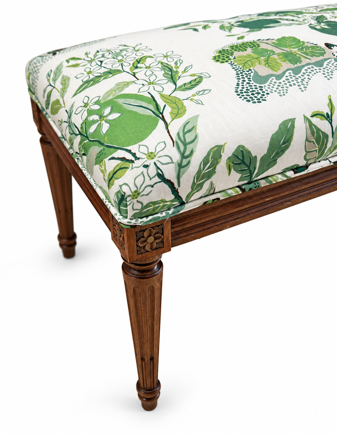 French Wood Upholstered Bench with Citrus Garden Fabric