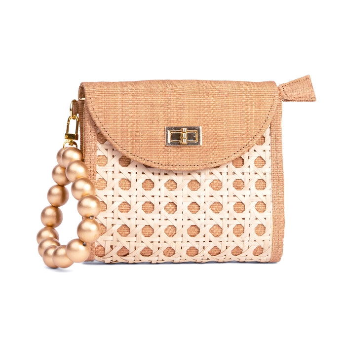Tan Wooden Bead &amp; Woven Rattan Wristlet Purse