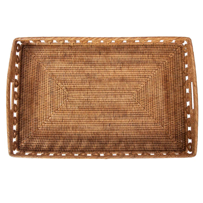 Honey Brown Rectangular Rattan Tray w/ High Handle